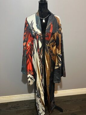 Abstract Print Duster Kimono in Red, Black, Cream & Brown
